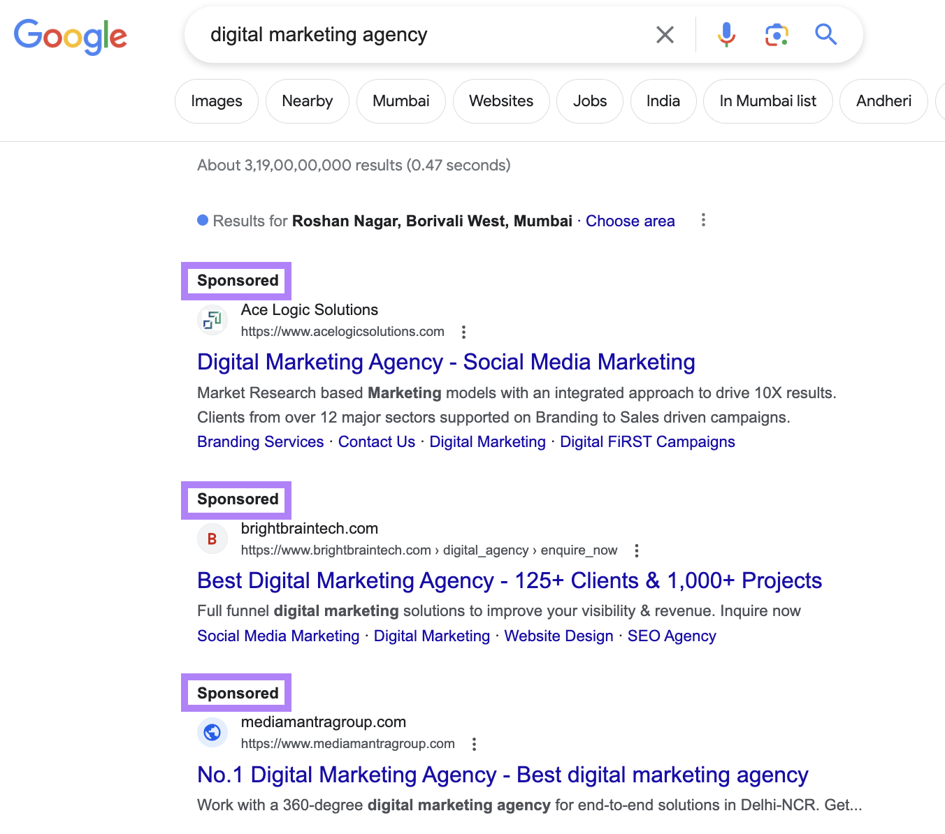Google PPC ads for "digital marketing agency" query with “Sponsored" labels highlighted