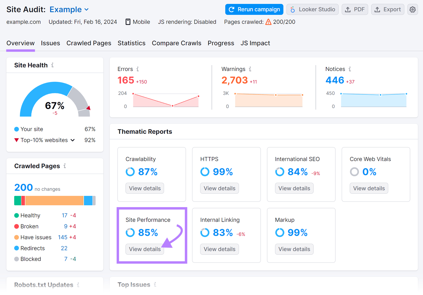“Site Performance” widget highlighted nether  “Thematic Reports" conception  successful  Site Audit tool