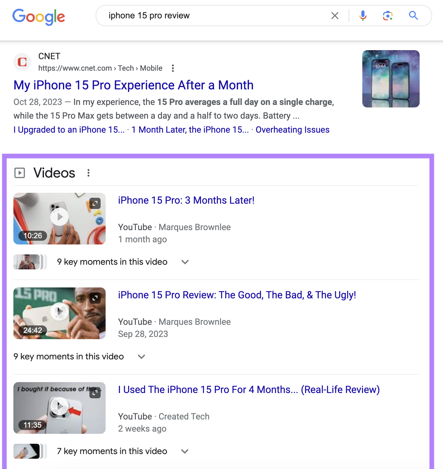 "Videos" results on Google SERP for "iphone 15 pro review" query