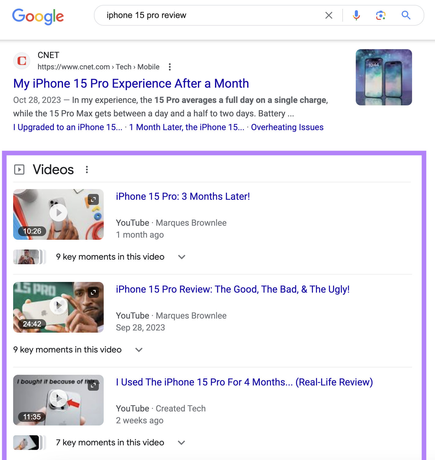 "Videos" results connected  Google SERP for "iphone 15 pro review" query