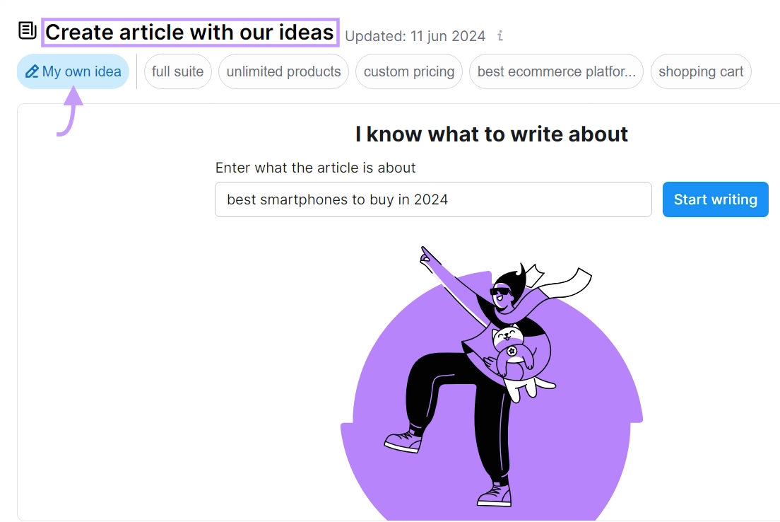 Contentshake AI input field to create an article based on your own idea.