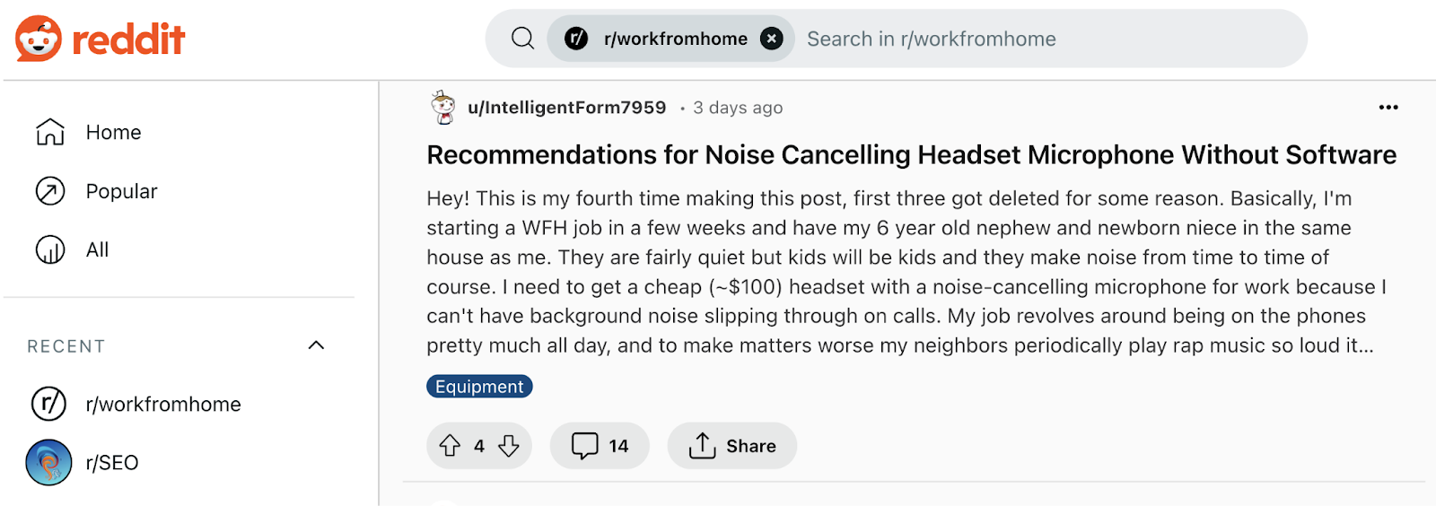 Reddit post from a user asking about noise canceling headphones in the workfromhome subreddit.