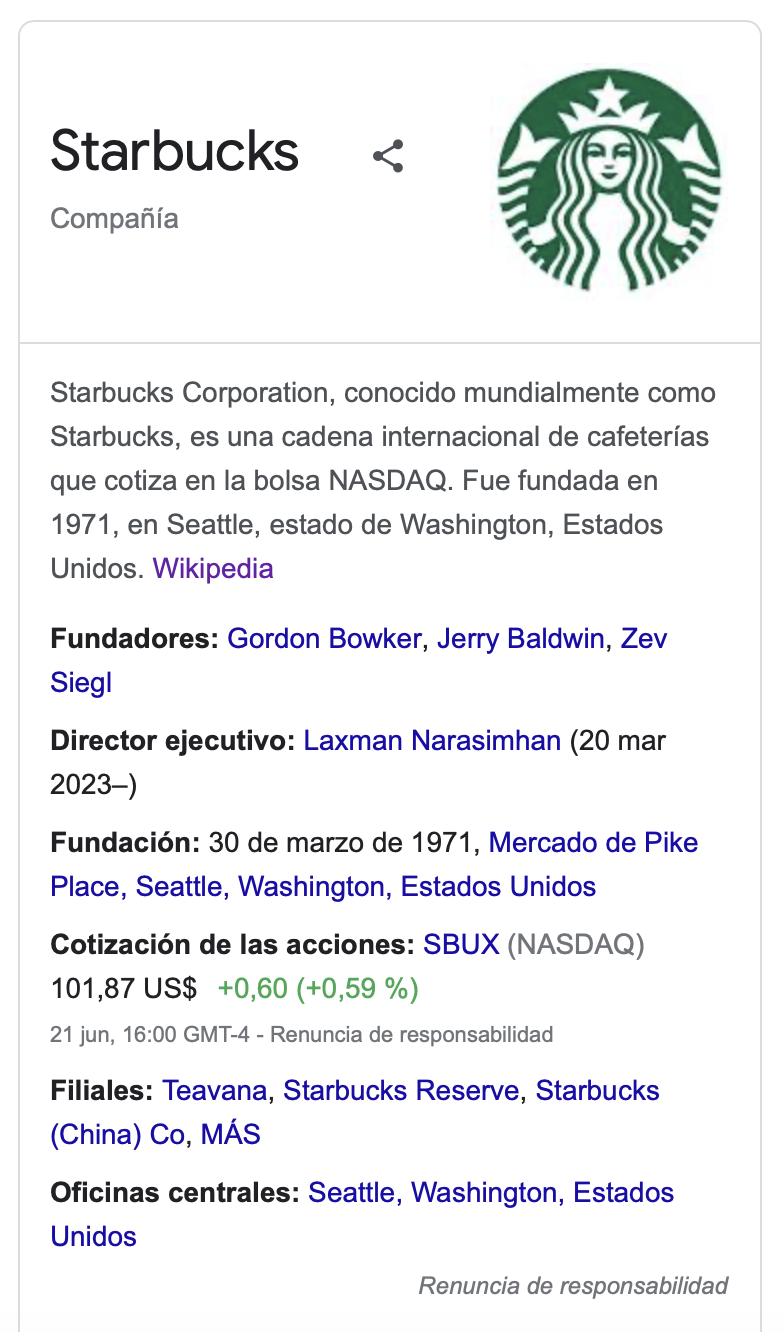 Panel de conocimiento para la búsqueda "Starbucks"