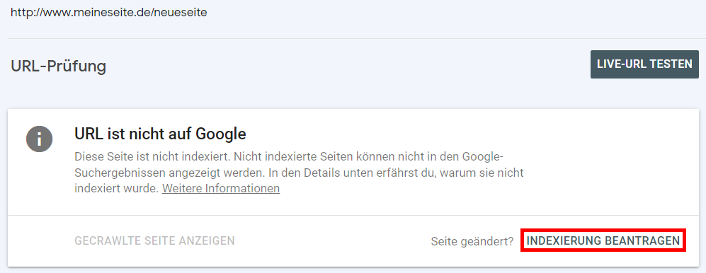 Screenshot: Option Indexierung beantragen in Google Search Console