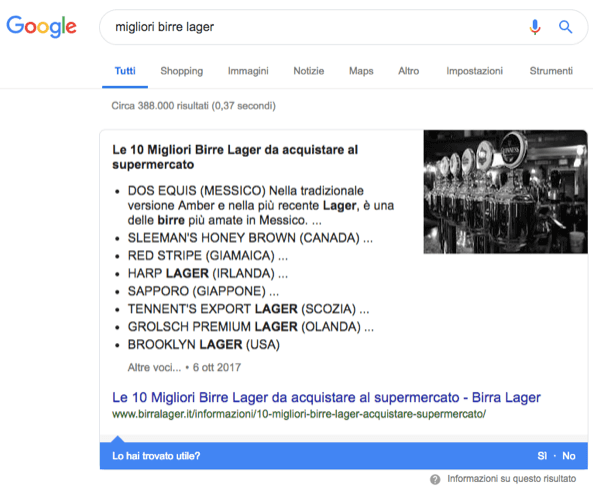 Ottenimento di snippet in primo piano in serp con siti informazionali (esempio 2)