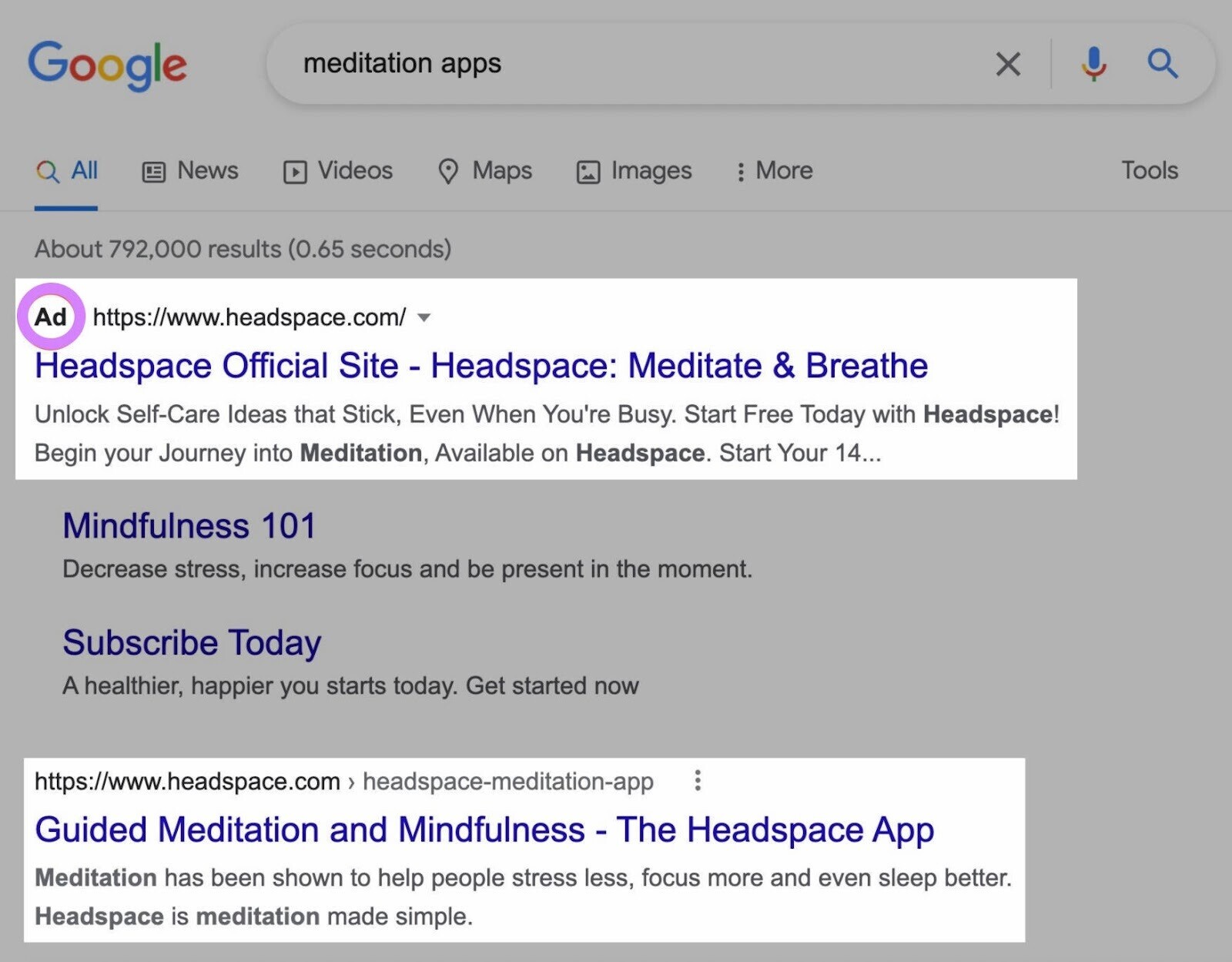 Google SERP shows both paid and organic results for “meditation apps” search