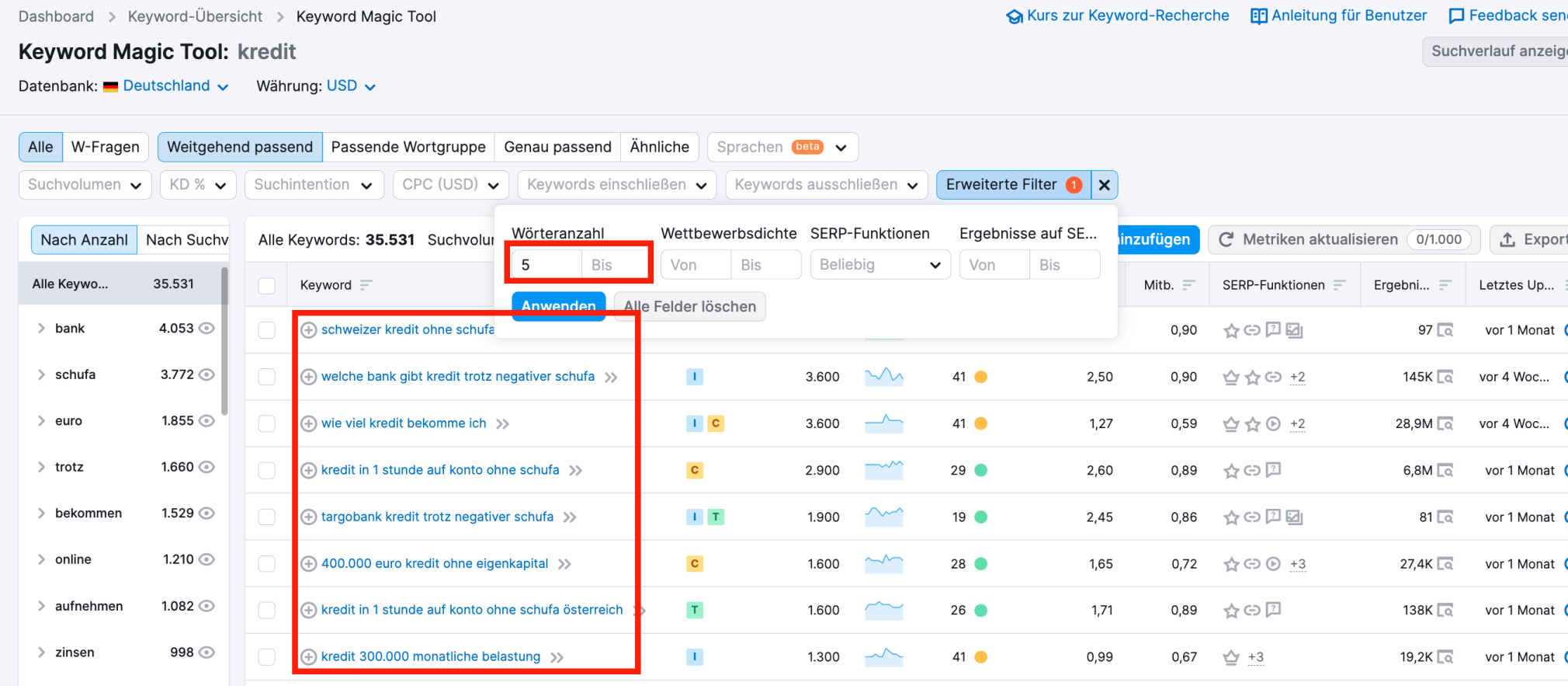 Semrush Keyword Magic Tool: lange Keywords