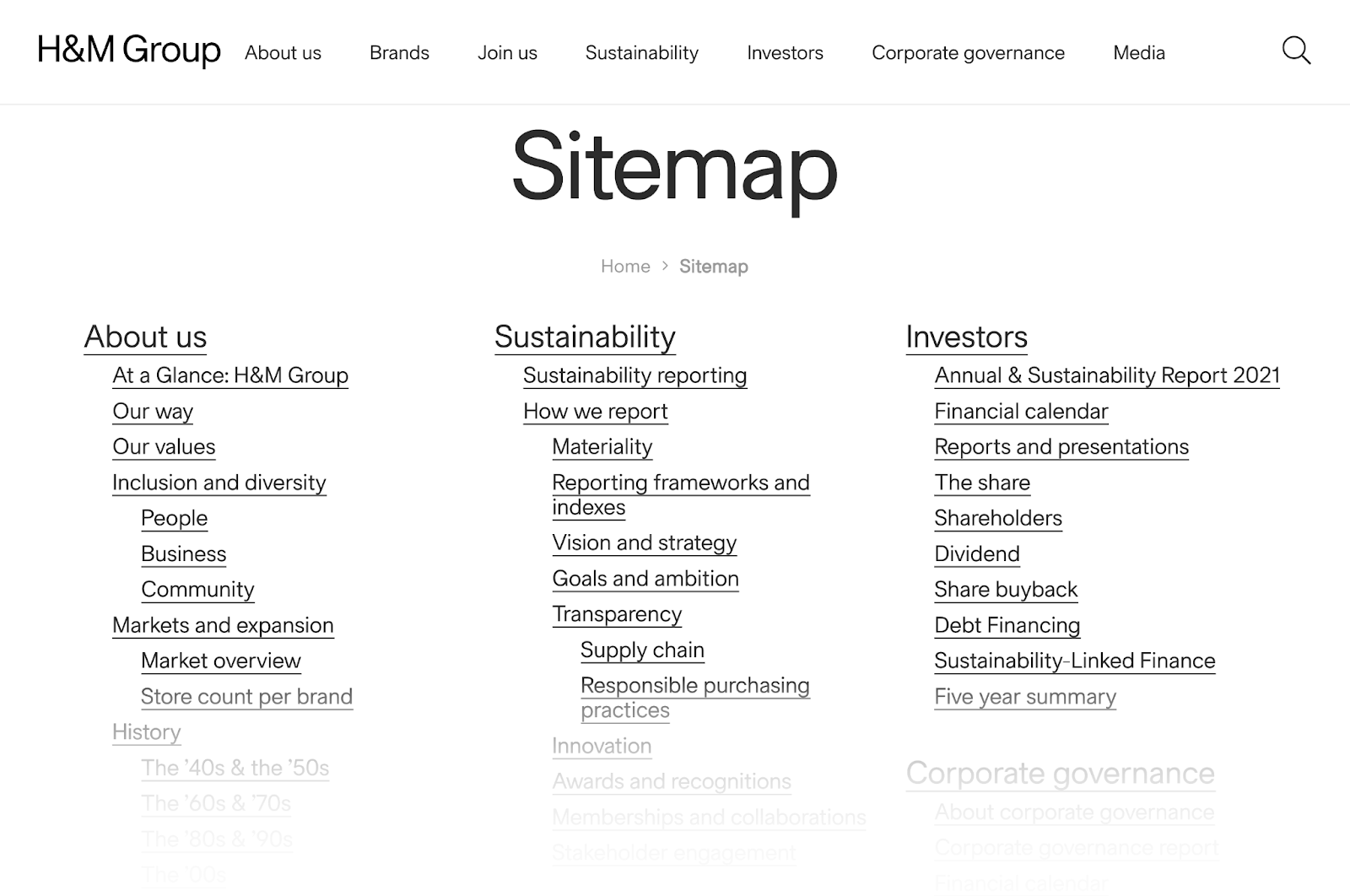 ejemplo de sitemap HTML del Grupo H&M