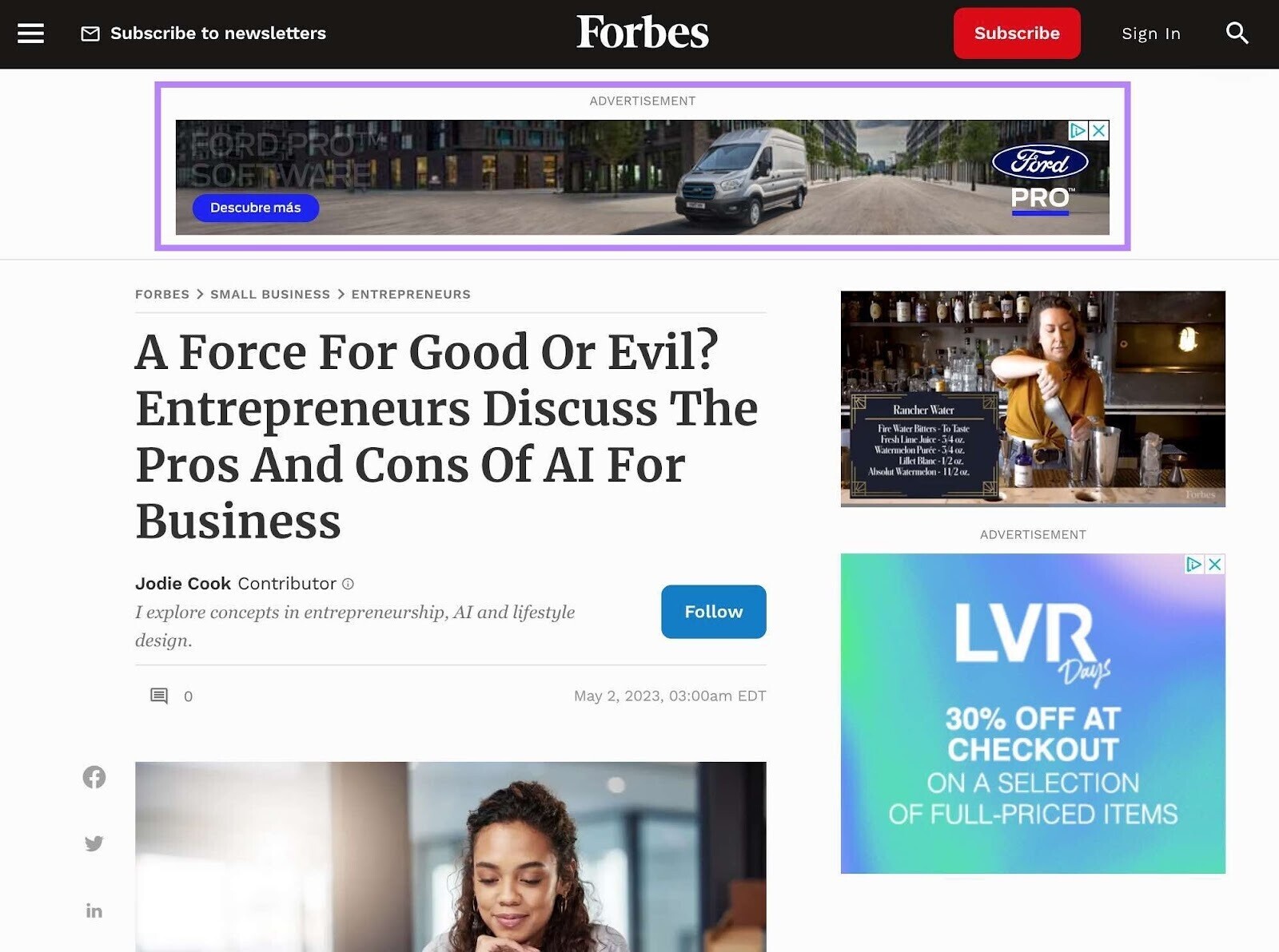Banner ad for Ford in Forbes article