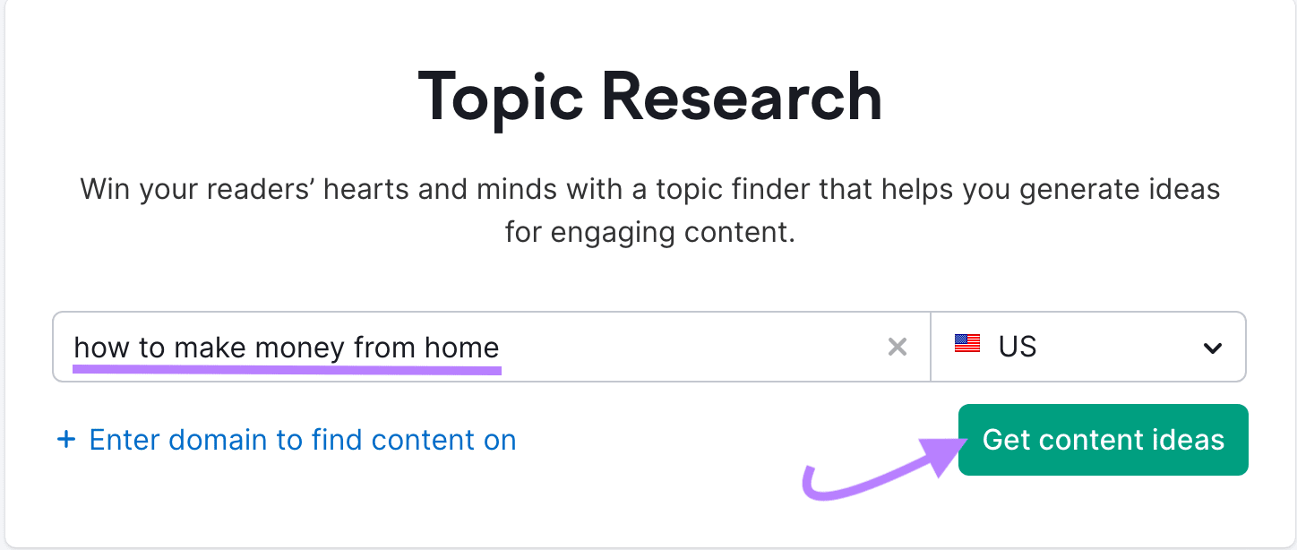 "how to make money from home" entered into Topic Research search bar