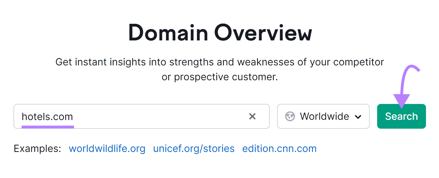 "hotels.com" domain entered into the Domain Overview too search bar