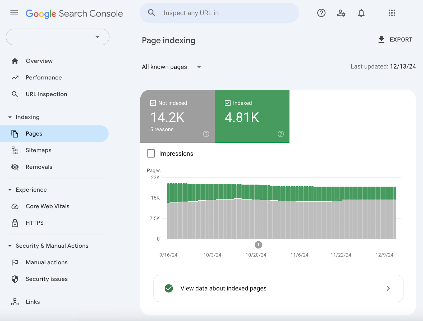 Page indexing report in Google Search Console with the sidebar showing other key reports.