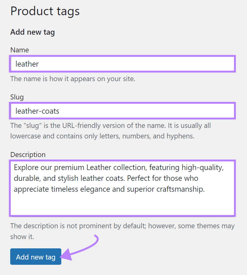 New product tag form within WordPress