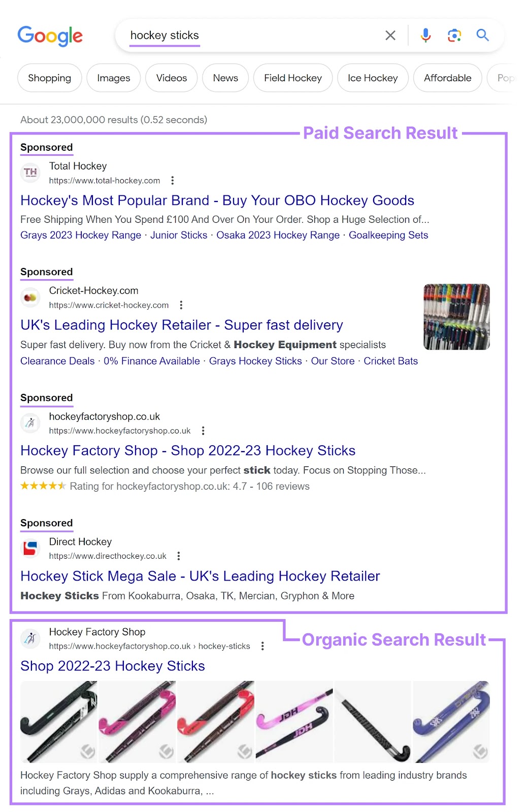 Google's SERP for “hockey sticks” query