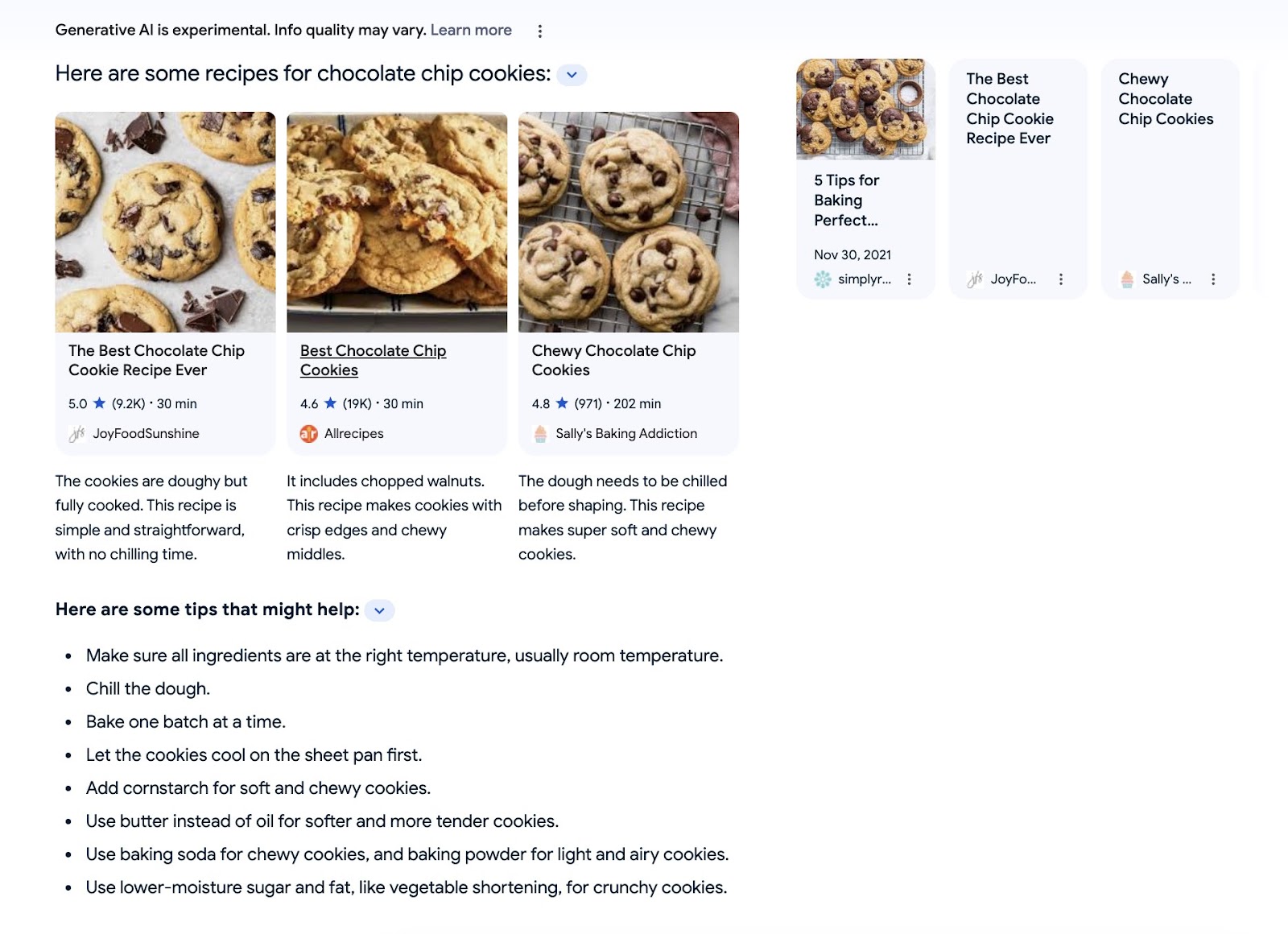 Google SGE results for “best chocolate chip cookie recipe"