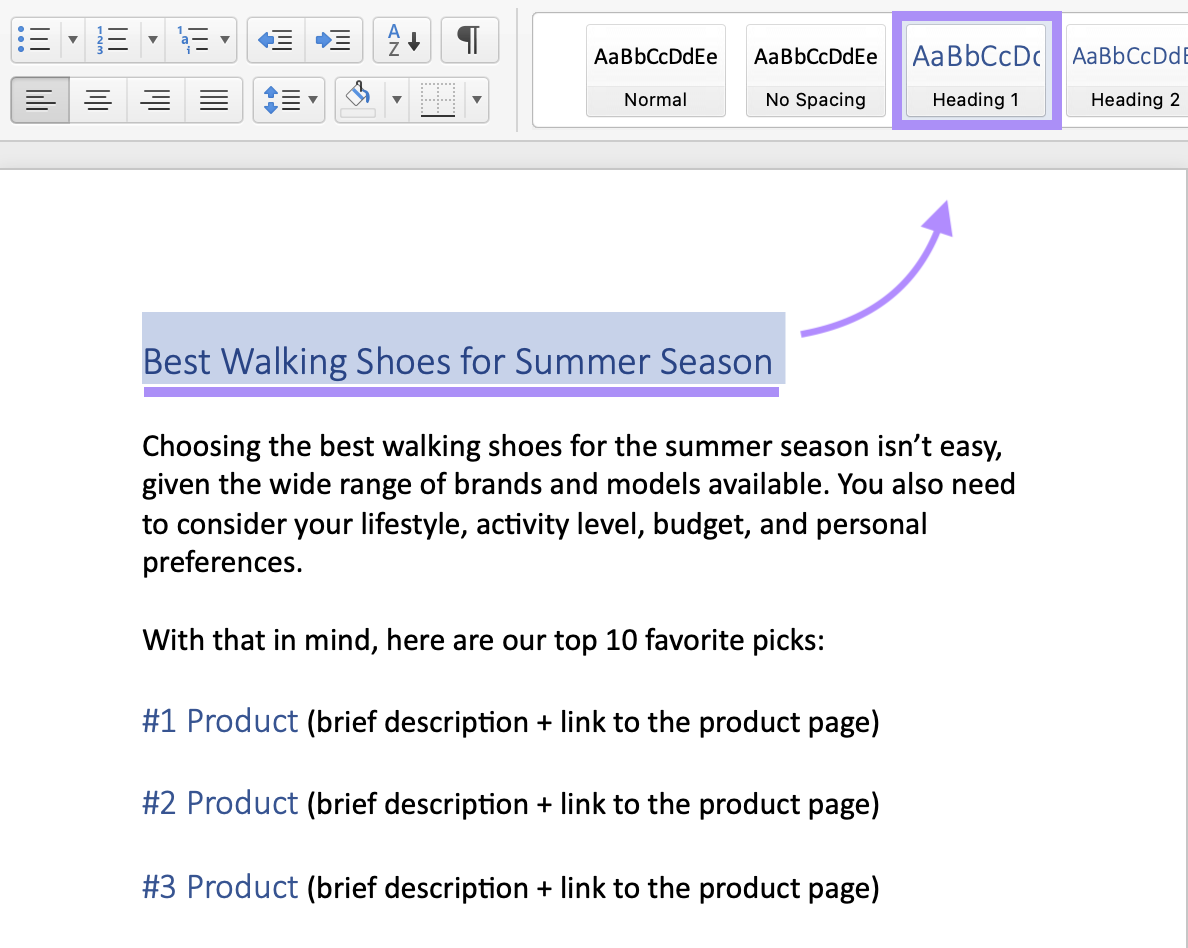 “Heading 1” selected in Microsoft Word for "Best Walking Shoes for Summer Season" text