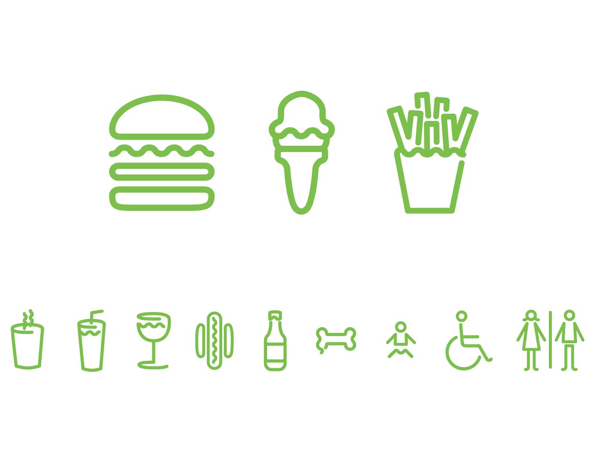 Shake Shack icons: burger, ice cream, fries, etc.