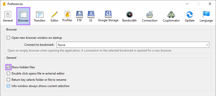 Cyberduck FTP client browser with the option to show hidden files.