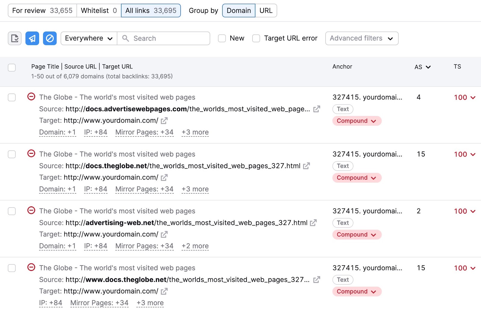 A implicit   database  of Referring Domains