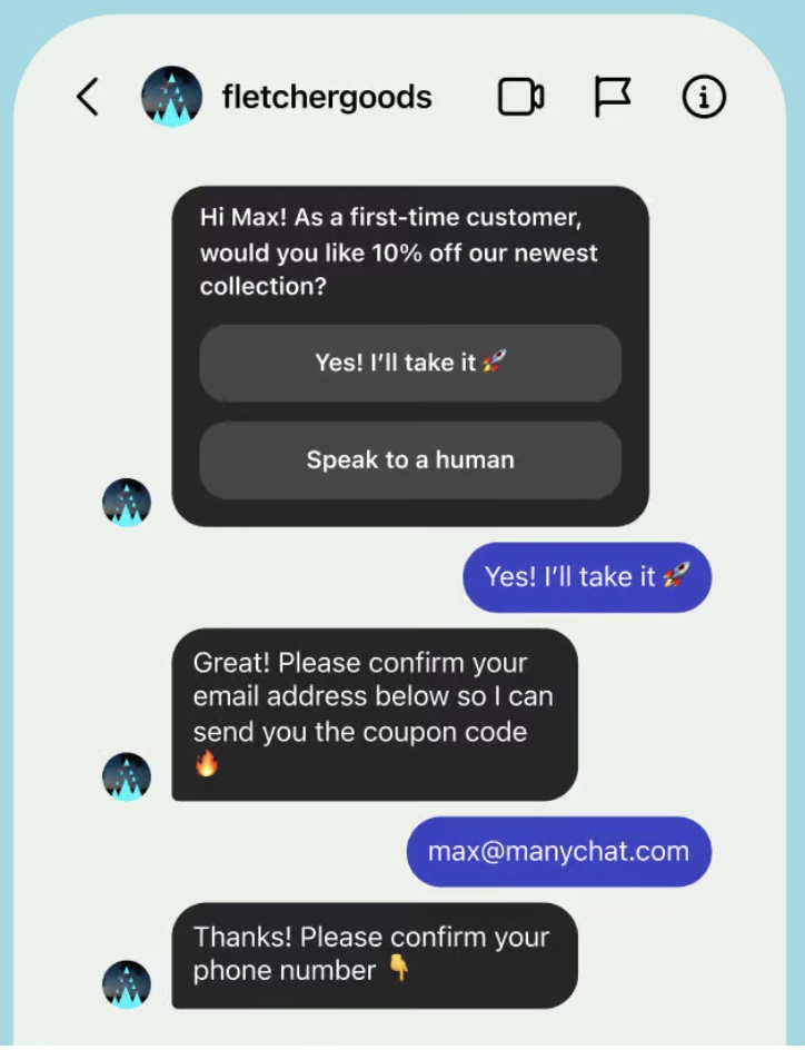 Enviar un código de descuento en Instagram a través de Manychat