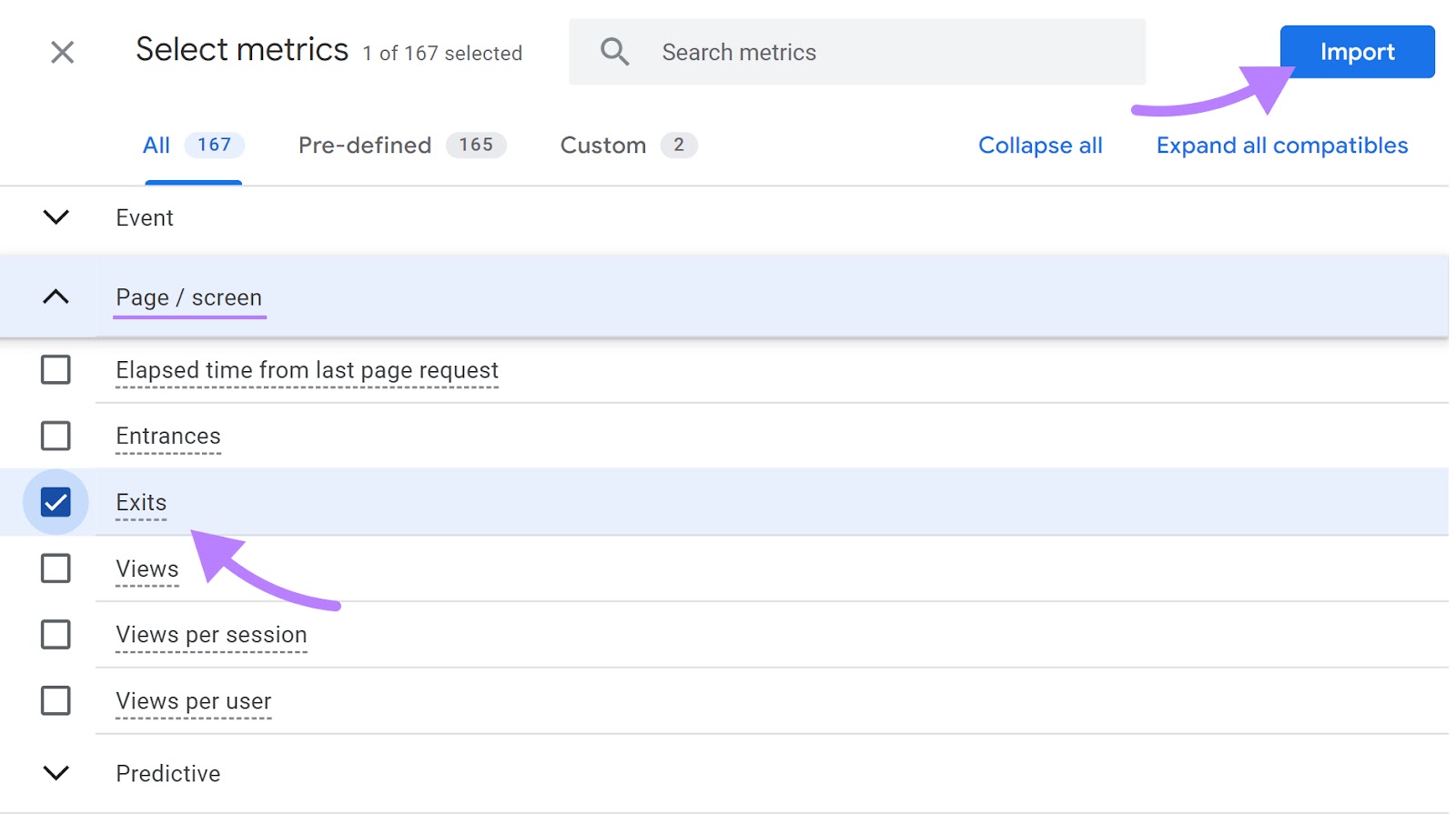 "Exits" and "import" fastener  highlighted nether  the "Select metrics" window