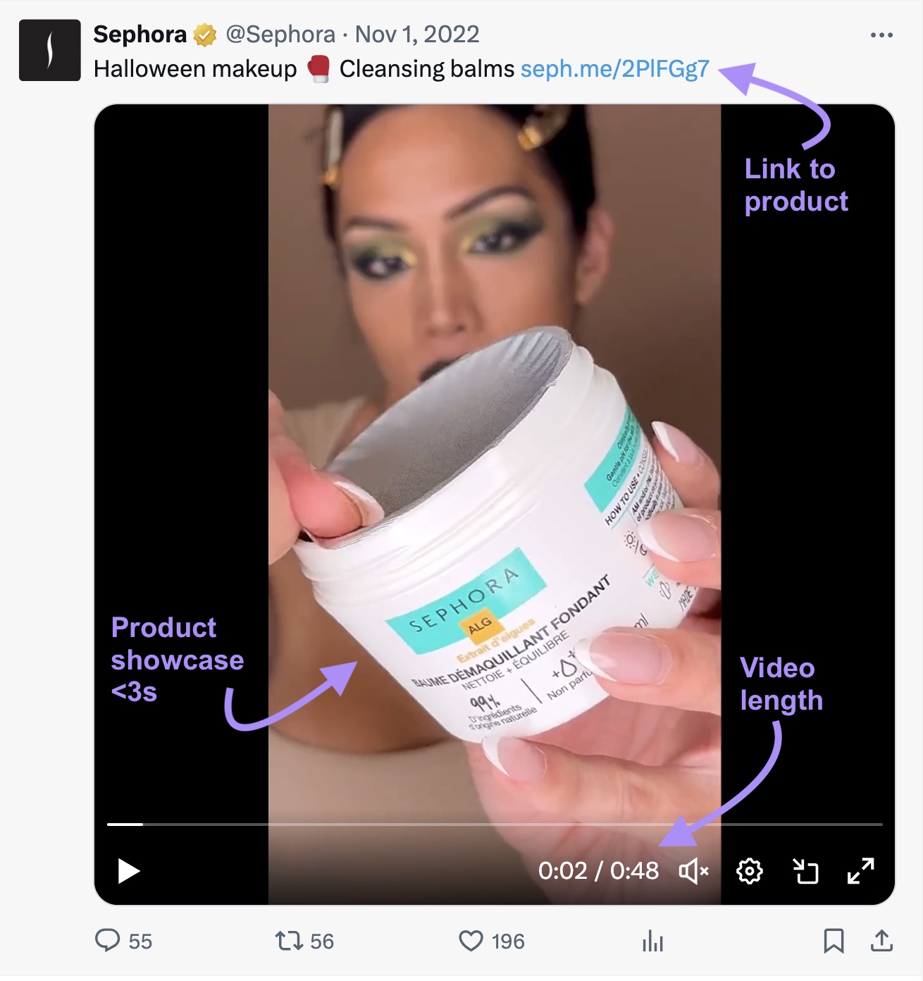 Sephora's video on X (formerly Twitter), with link to a product, product showcase and video length elements highlighted