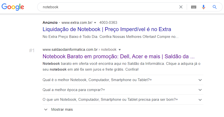 Primeira posição para Notebook com FAQPage