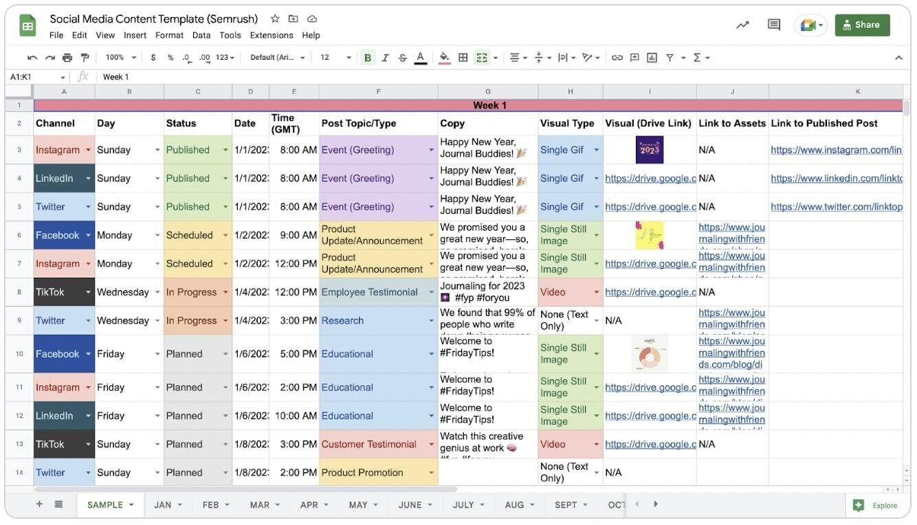 social content calendar template by Semrush