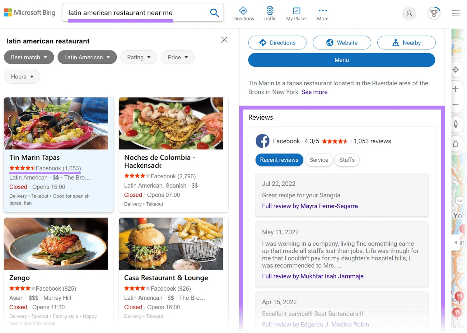Avis Facebook apparaissant sur Bing pour la recherche "restaurant latino-américain à proximité"