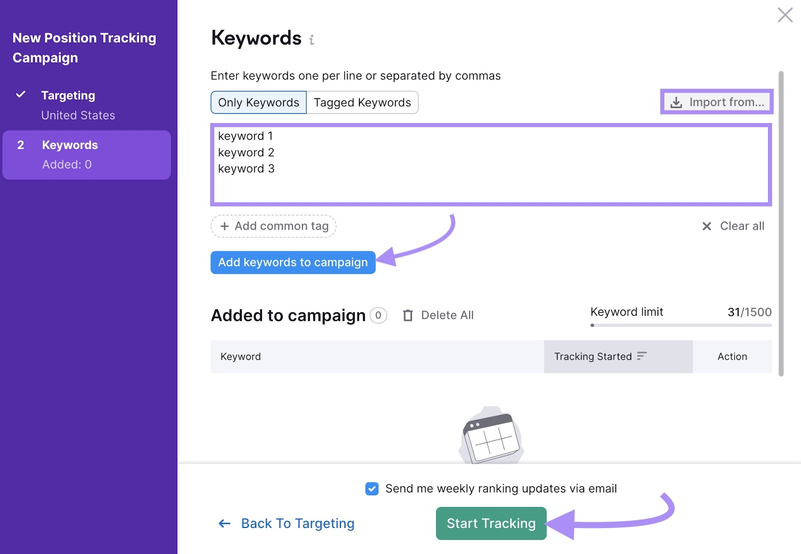 Add keywords to campaign in Position Tracking tool
