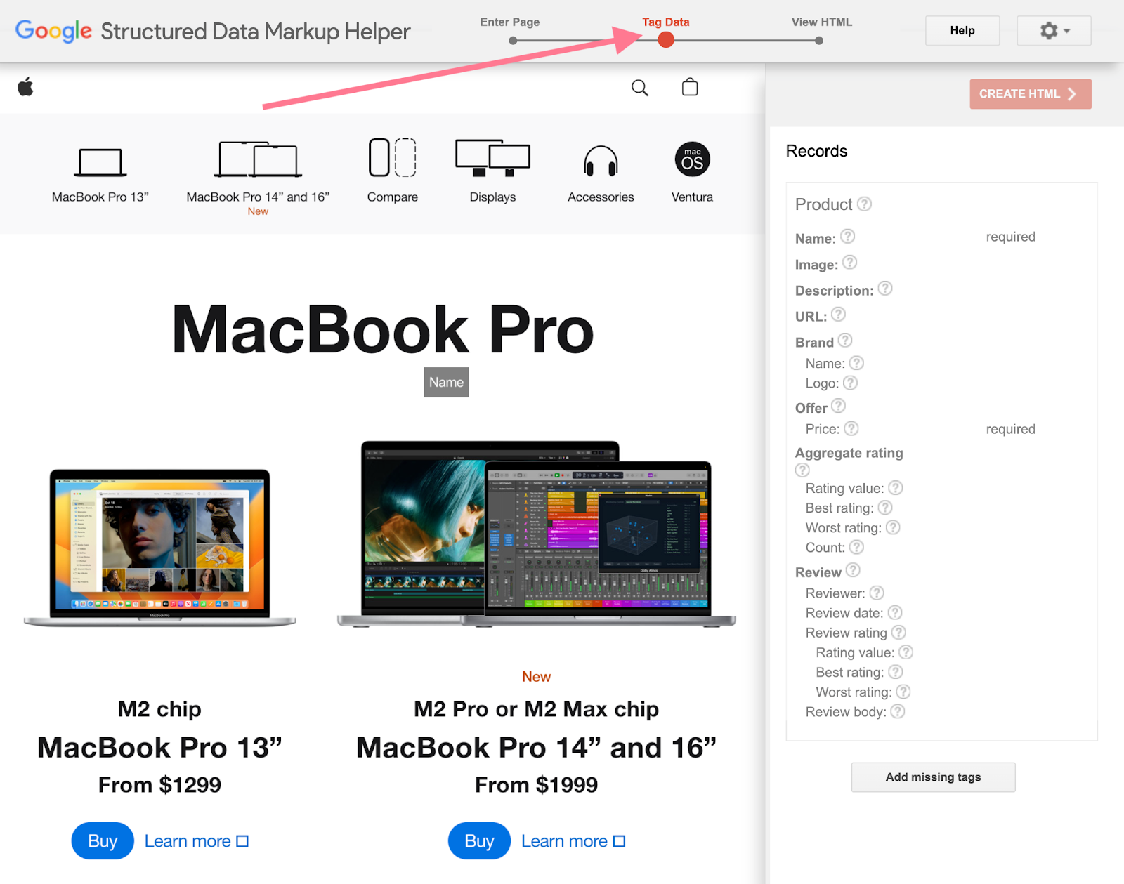 “Tag Data” view in Structured Data Markup Helper for product snippet for MacBook Pro