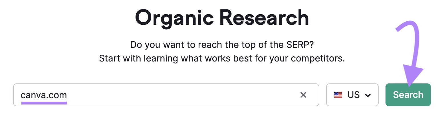 Organic Research tool with "canva.com” entered as the domain.