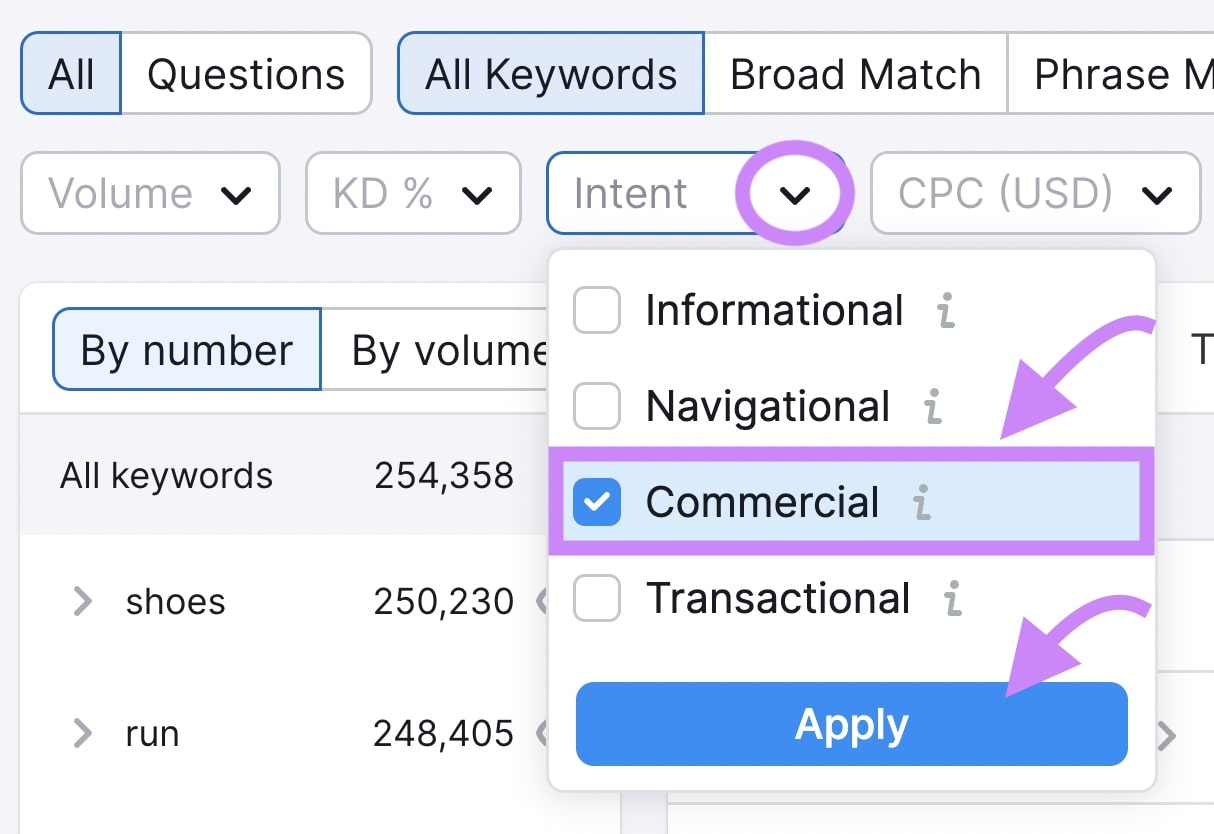 "Commercial" selected under "Intent" filter drop-down in Keyword Magic Tool