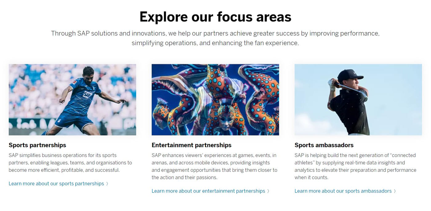 SAP's page showing different sponsorship programs, including "Sports partnerships," "Entertainment partnerships," and "Sports ambassadors"