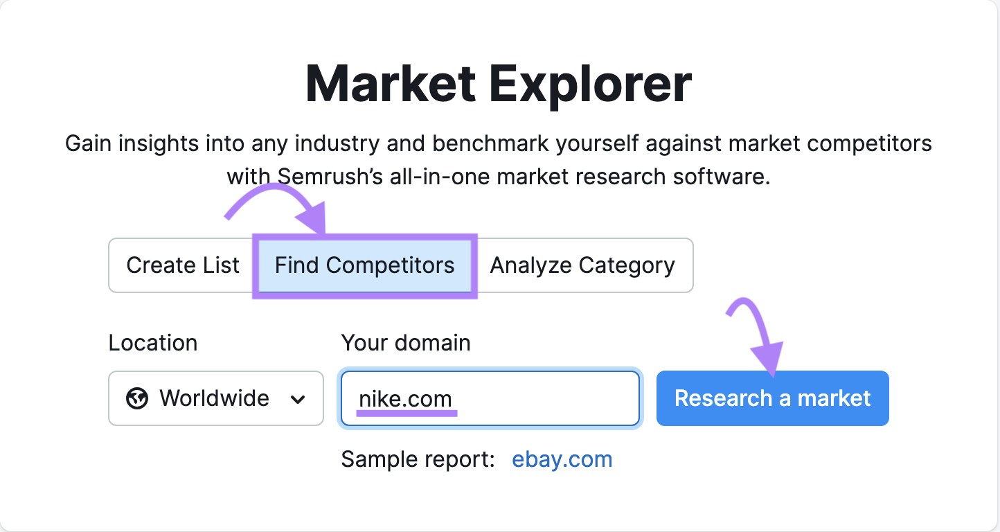 "nike.com" entered into Market Explorer search