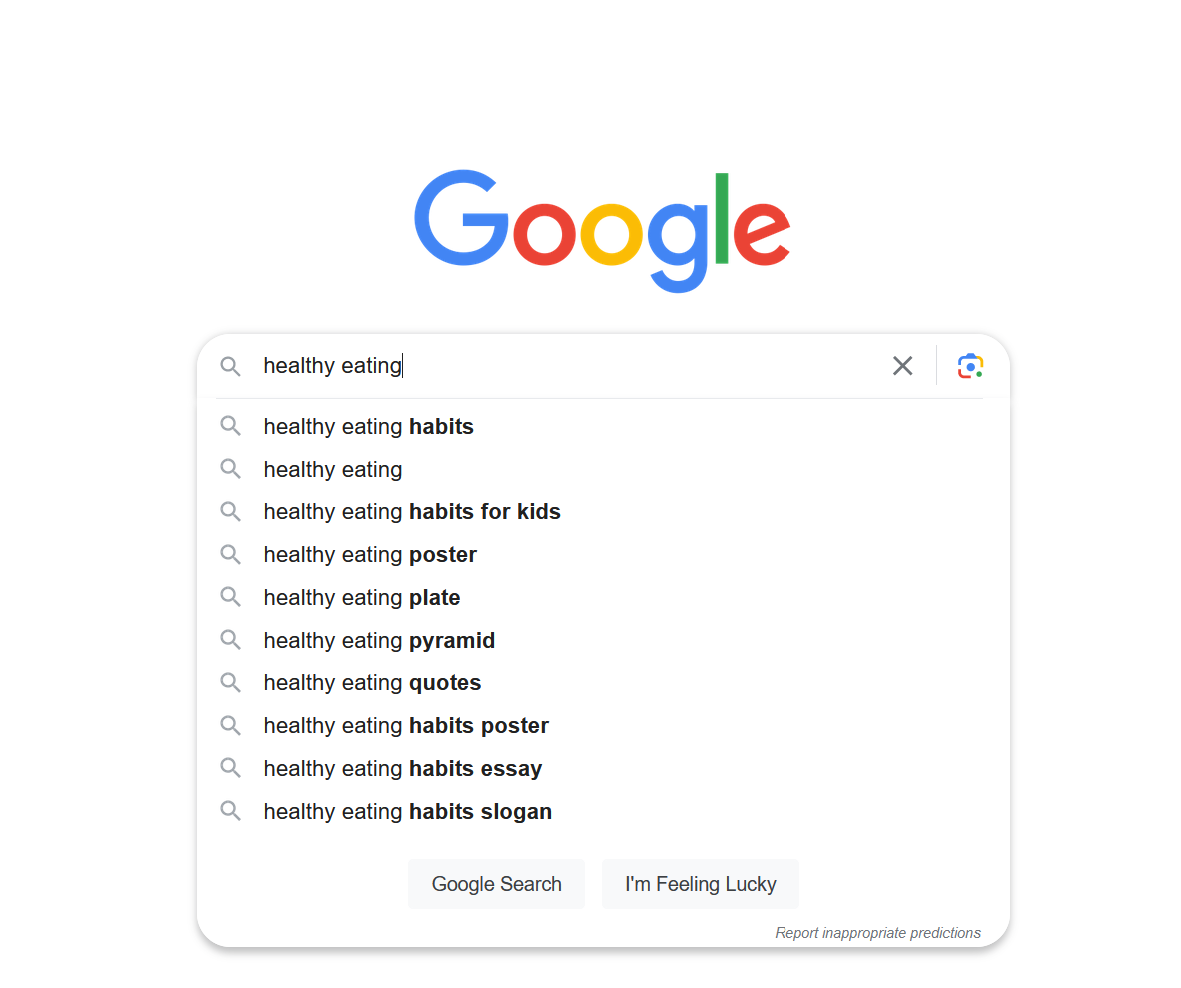 Google autocomplete suggestions when typing “healthy eating”