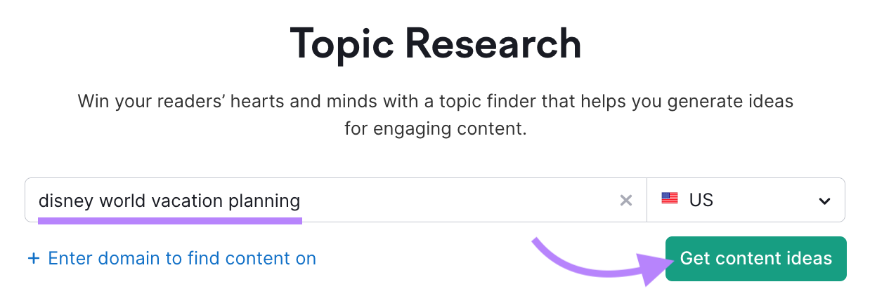 "disney world vacation planning" entered into the Topic Research tool search bar