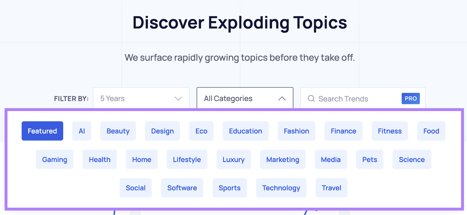 Trending topic keywords include AI, beauty, design, eco, education, fashion, finance, fitness, and more.