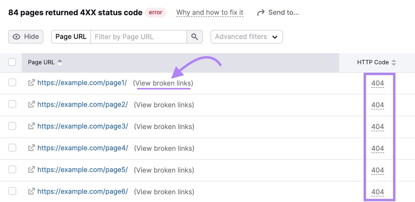 Site Audit results for pages that returned 4XX status code.