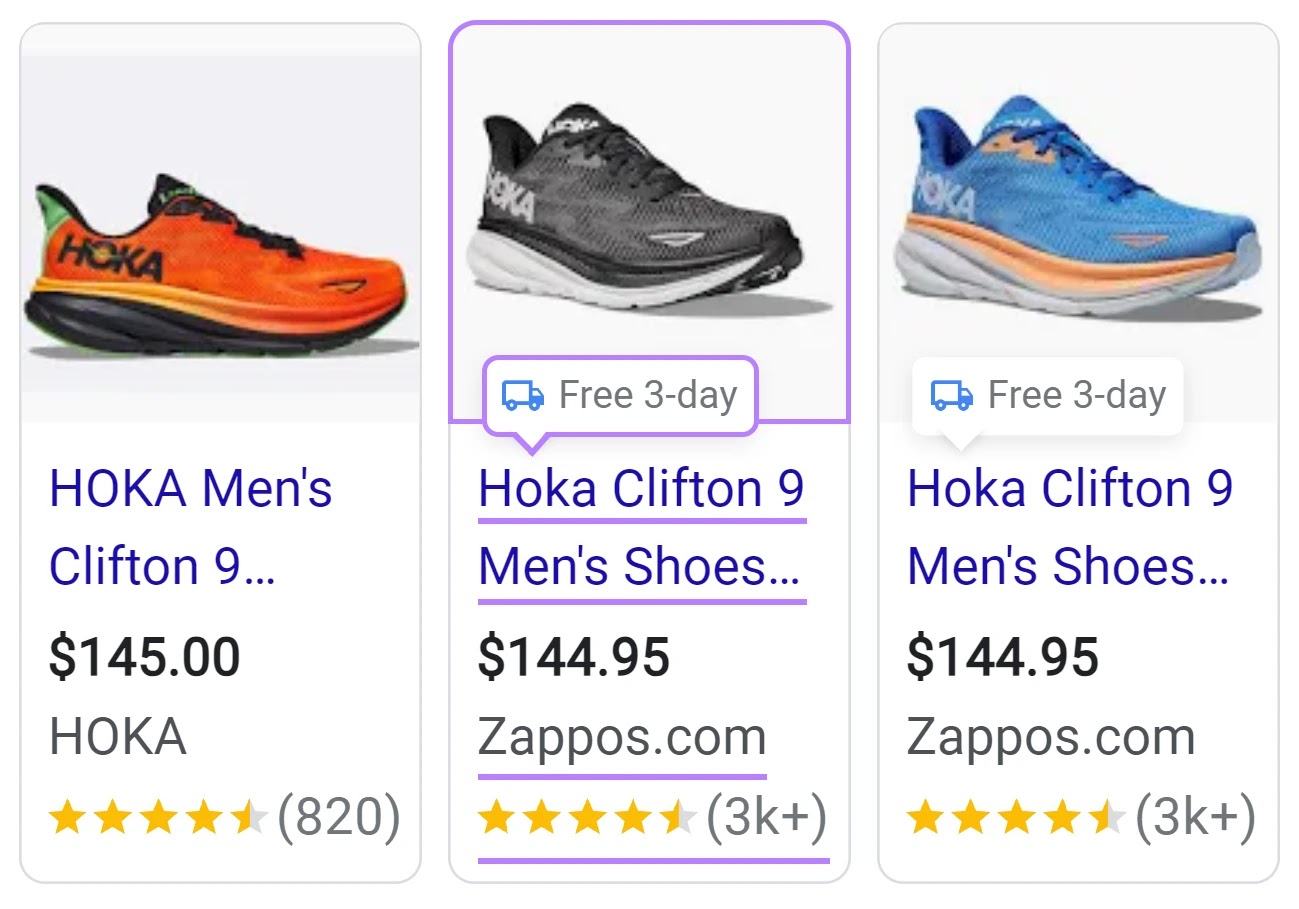 Product listing ads for men's shoes showing a photograph  of the product, its title, store'a name, etc.
