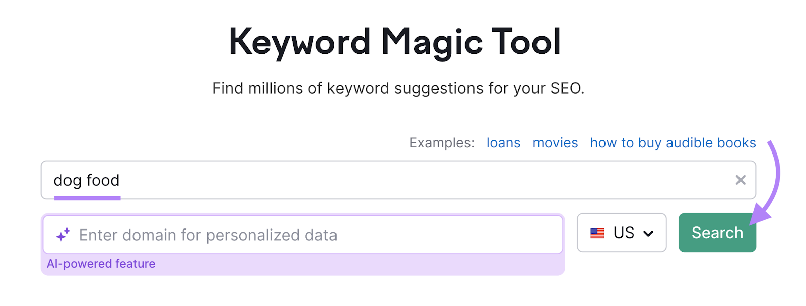 search for "dog food" successful  Keyword Magic Tool