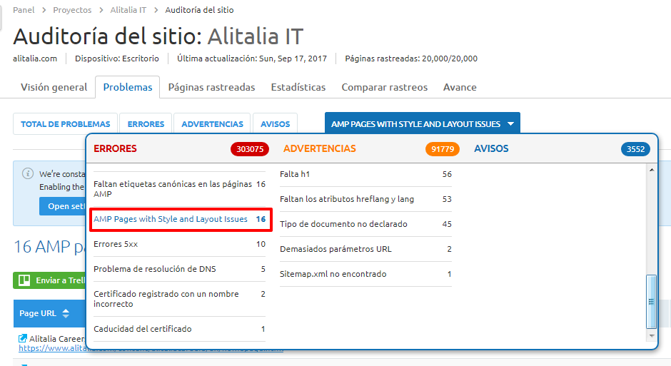 Muestra de errores de validación AMP