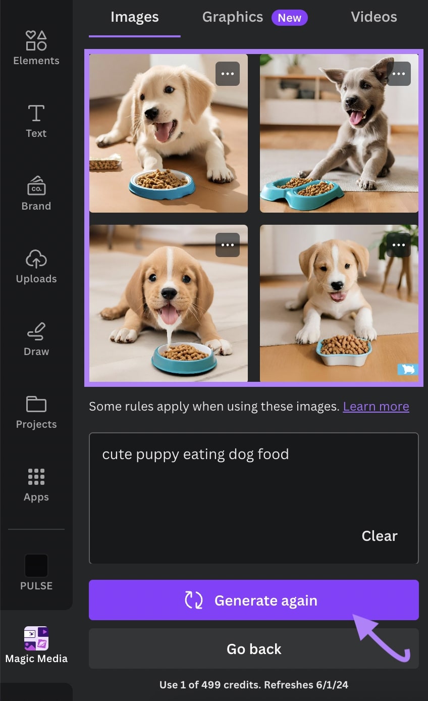 Four examples of cute puppies eating dog food in a photo style using Canva's Magic Media tool