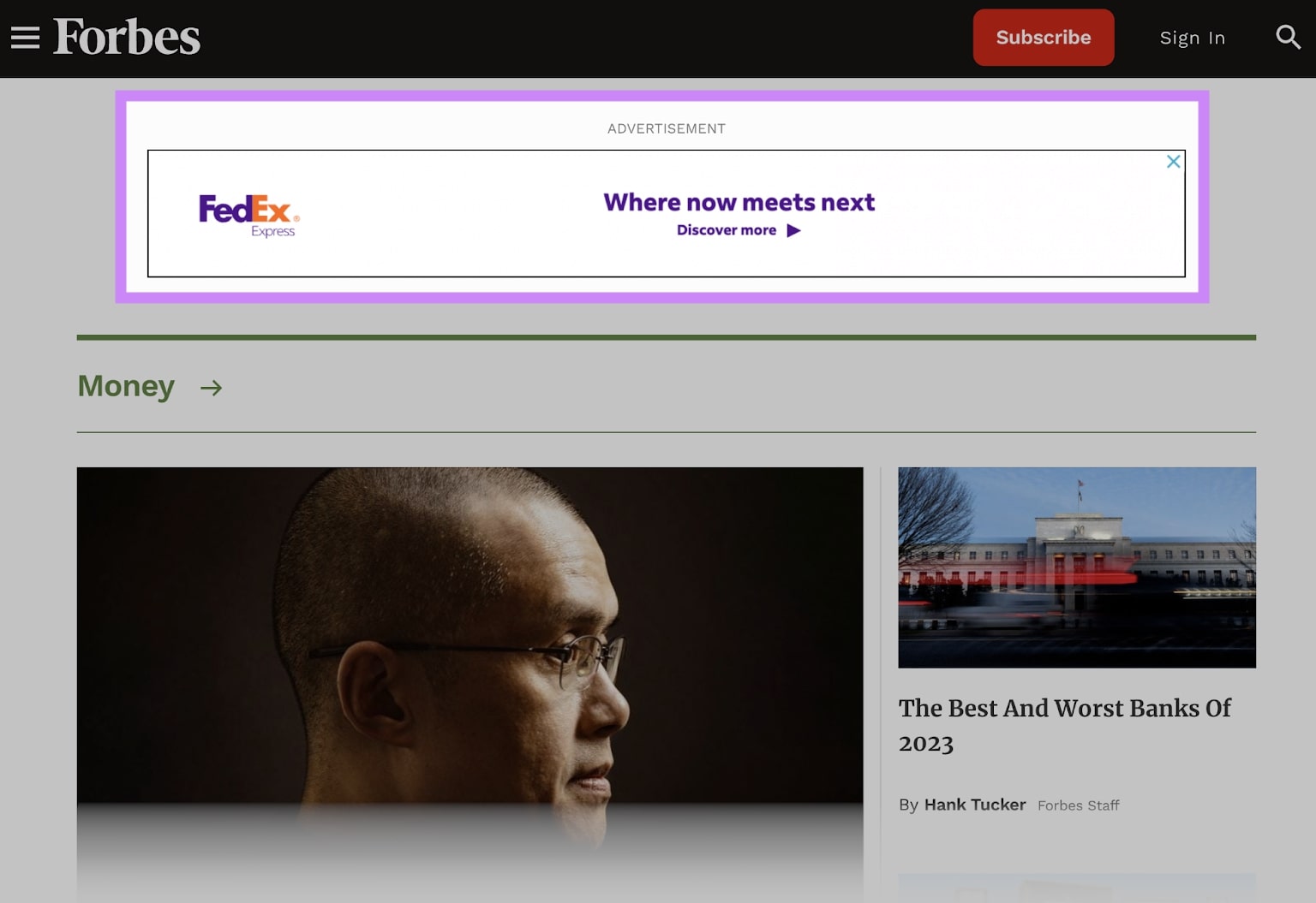 A display ad for FedEx on Forbes's website