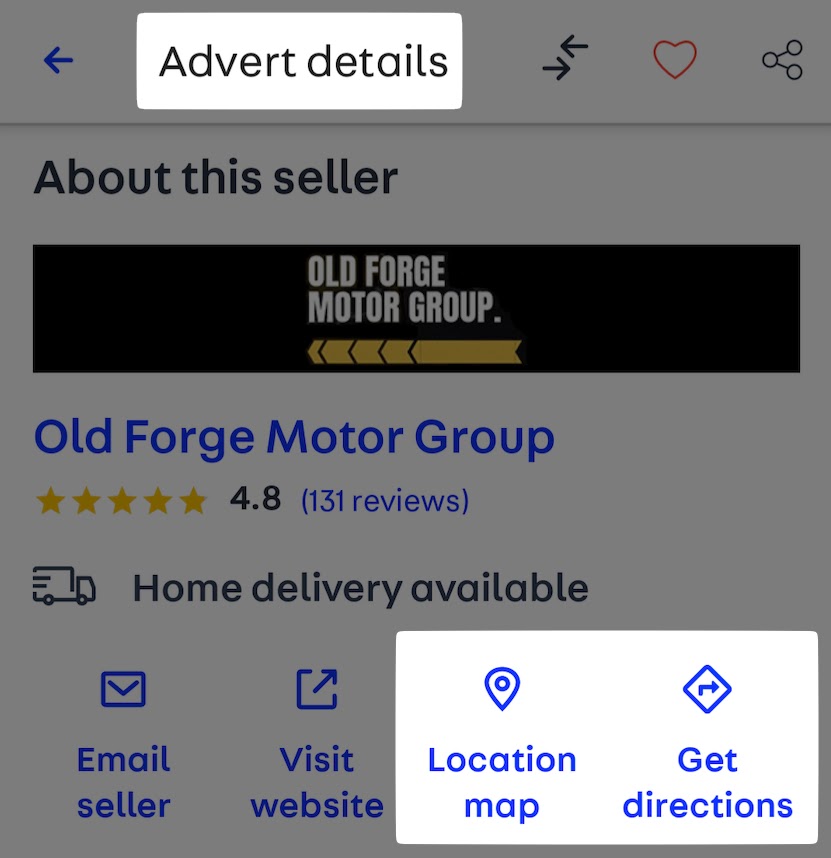 "Location map," and "Get directions" widgets highlighted on the used car ad on the UK’s Auto Trader app