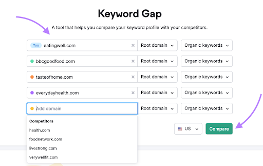 Entering domains in Keyword Gap