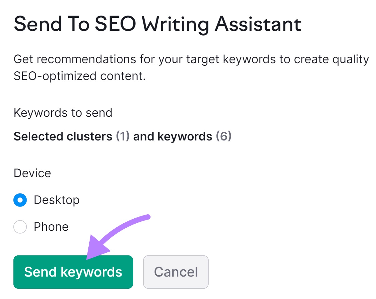 "Sent To SEO Writing Assistant" pop-up window