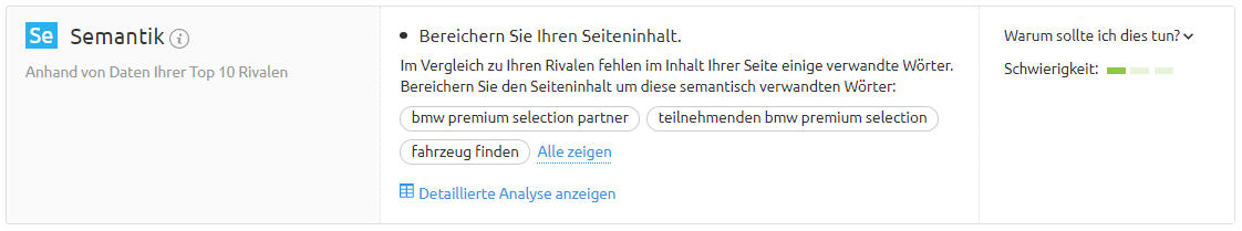 Screenshot: Semantik im On Page SEO Checker