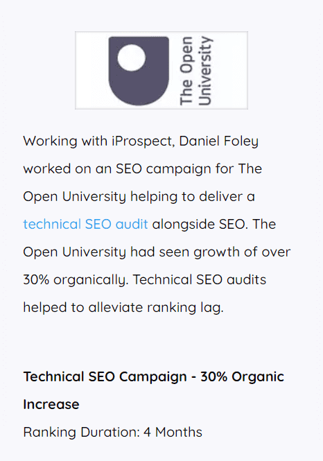 "SEO Results Delivered For Clients" section from Daniel Foley website