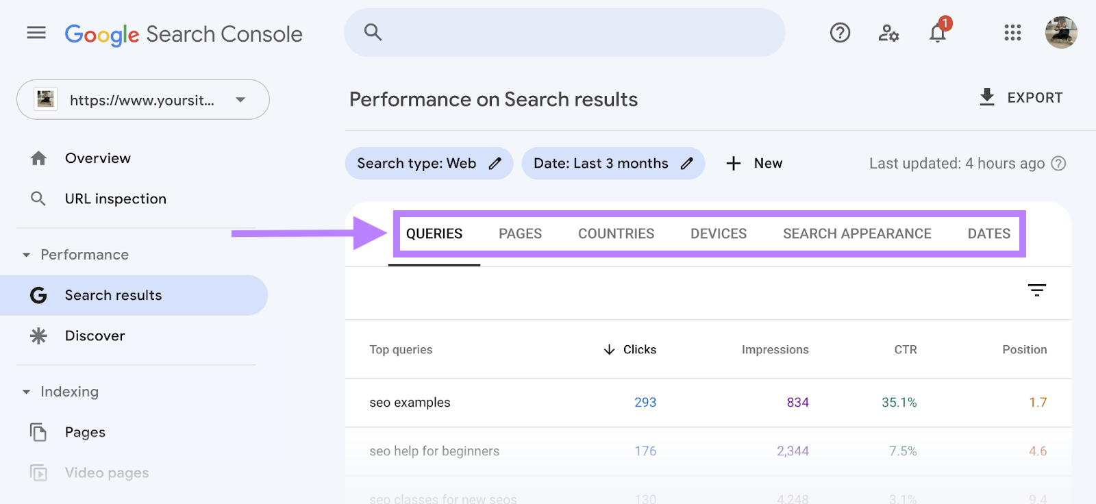 Google Search Console performance on search results report